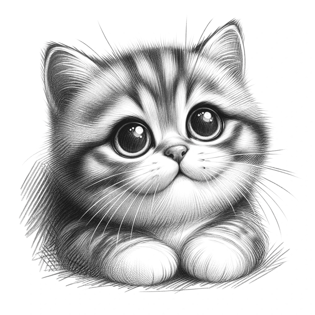 котик с большими глазами, нарисованный карандашом